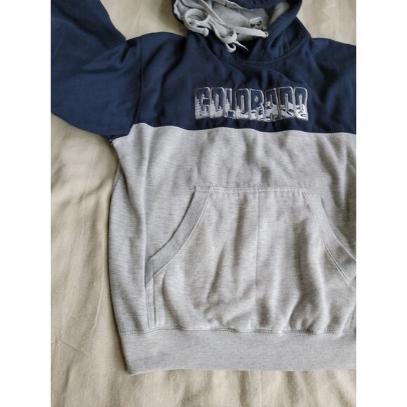 Renegade Mens L Hoodie Colorado Embroidered Trees Colorblock Blue Grey Pocket - Picture 10 of 16